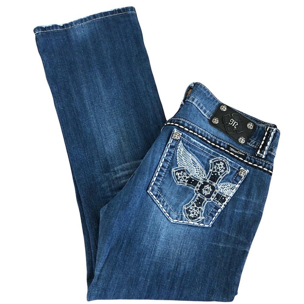MISS ME cross and angel wings boot cut jeans distressed low rise size 32 JP5142S